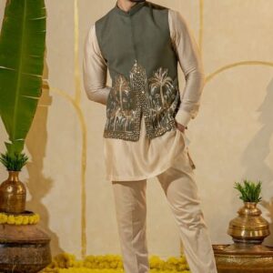 Olive Green Embroidered Nehru Jacket with Beige Kurta Set
