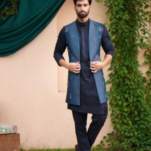 Navy Blue Embroidered Nehru Jacket with Kurta Set