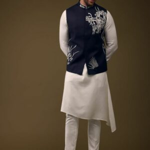 Navy Blue Embroidered Nehru Jacket with White Kurta Pajama Set