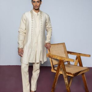 Beige Embroidered Pathani Suit with Traditional Detailing