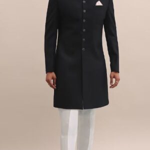 Classic Black Achkan Sherwani with White Trousers