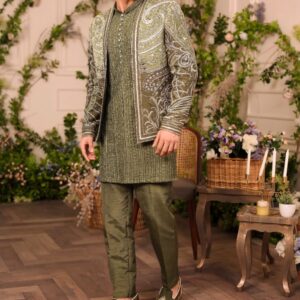 Regal Olive Embroidered Sherwani Set